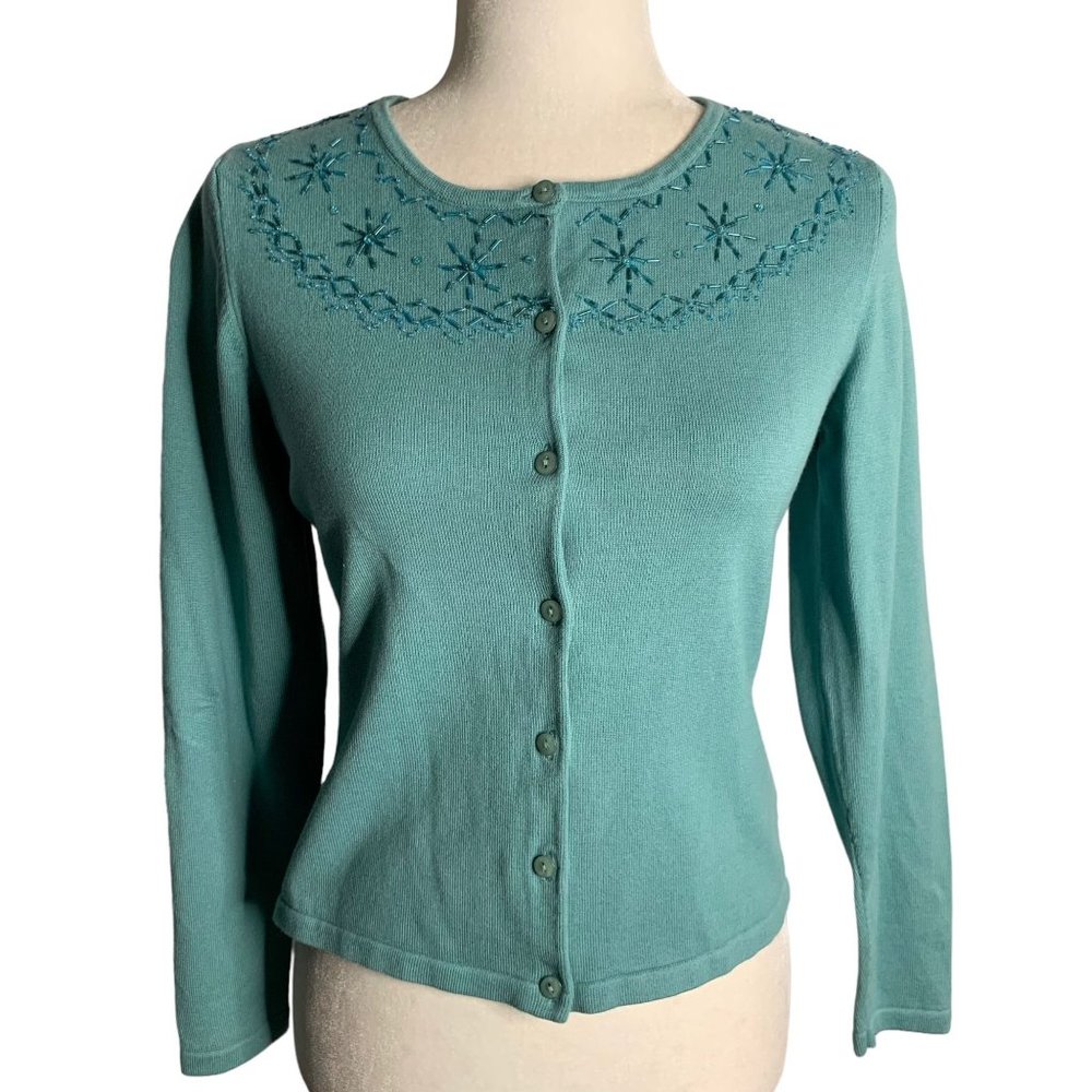 Norton McNaughton Beaded Cardigan Sweater S Blue Green Button Up Long Sleeve